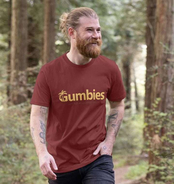 Gumbies Full Logo Red Wine/Yellow - Unisex Organic Cotton T-Shirt